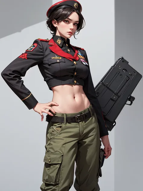 Women in crop top soldier uniform, soldier hat, military Shirt brooch,  exposed abdomen area, very low waist cargo pants, navel, 45 years-old, high ranking , standing, military standing , realistic, high quality 