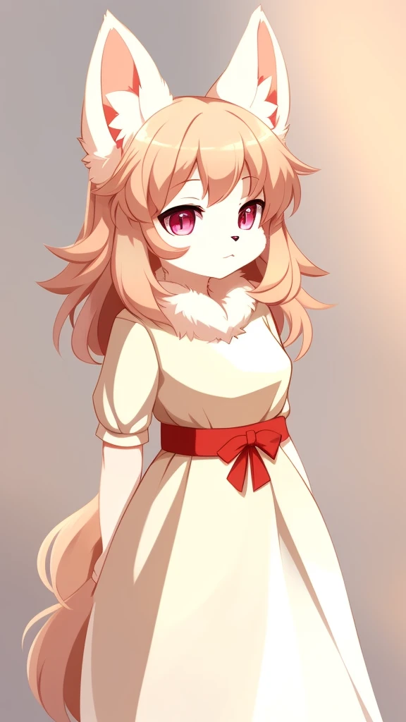 A captivating full-body portrait of an older, fluffy female anime character, depicting her in a simple yet expressive pose. The character, reminiscent of a furrsona, showcases a soft animalistic quality with her long ears and soft fur. The scene is set aga...