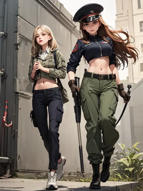 women in crop top army instructor uniform, soldier hat, military shirt brooch,  exposed abdomen area, very low waist cargo pants...