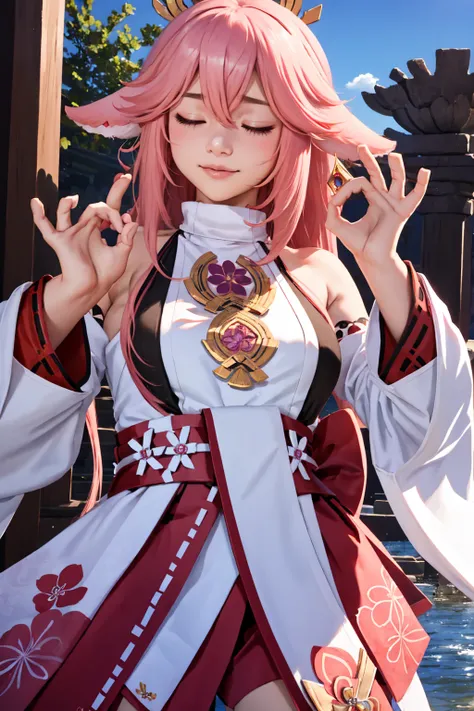 very detailed, high quality, masterpiece, Beautiful, 1 girl, One, PachaMem, closed eyes, yes, Miko, long hair, Pink hair, animal ears, 