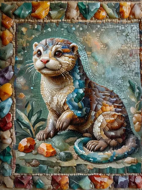 very detailed ral-ntrgmstn roman mosaic pastel oil painting otter, (masterpiece, best quality, high quality, high resolution, su...