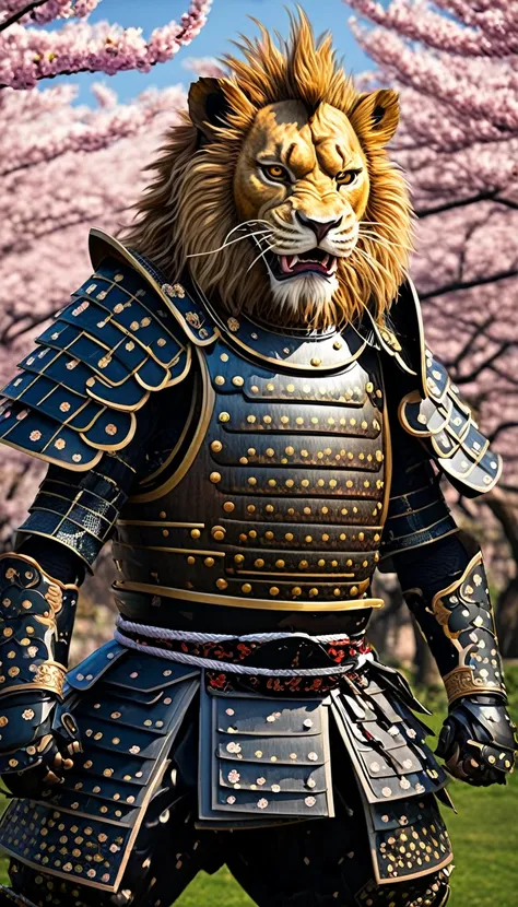 "Create an AI portrait of an enraged lion wearing traditional Japanese samurai armor, set against a backdrop of cherry blossom trees and a pagoda."