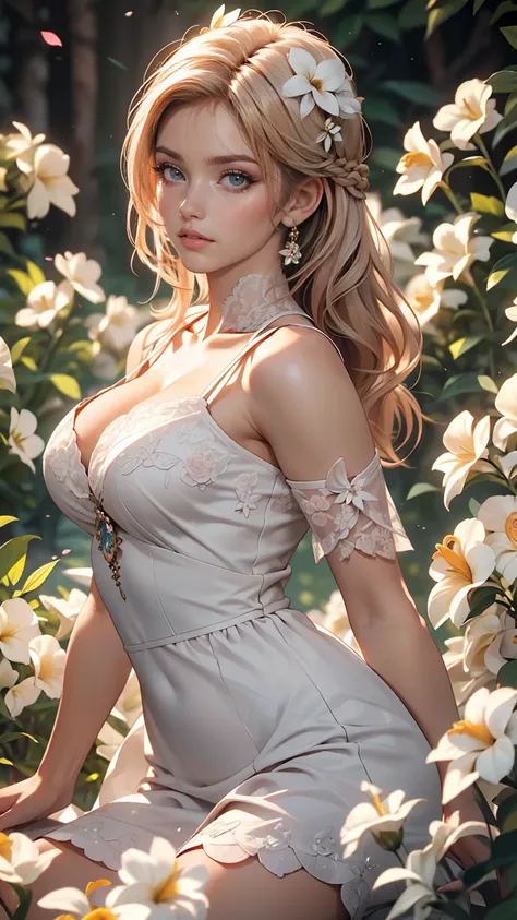 Better Quality,4K,8k,High resolution,Master Parts:1.2),Ultra-detailed,(Realistic,Realistic,Photorealistic:1.37),Portraiture,woman,long flowing hair,Whitish iris,Hollow Gaze,Plump pink lips,White flowers bloom on the tips of her hair,Interesting appearance,...