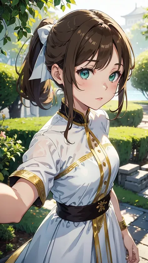 Light brown hair and a ponytail、Young woman in fantasy white costume、Green Eyes