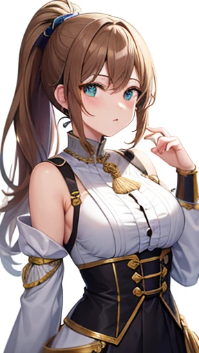 Light brown hair and a ponytail、Young woman in fantasy white costume、Green Eyes