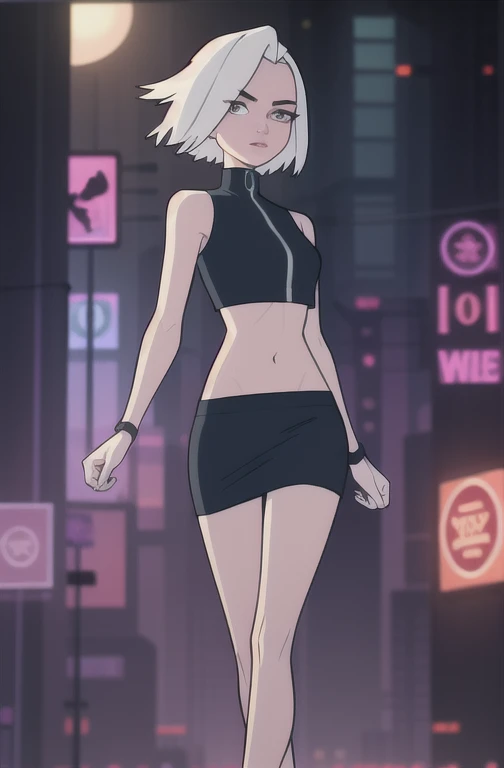 (dark theme:0.6), Glucose, 1 girl, mature face, One, short hair, in a short black sleeveless dress, The dress covers the belly completely, sexuality, long legs, high growth, Sun, wound, 1.2), White hair, pomade, decrease,  I look at the viewer, Grey eyes, ...