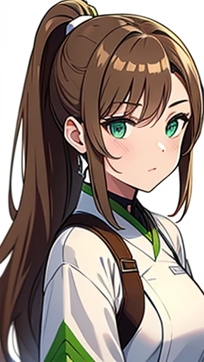 Light brown hair and ponytail、Young woman in a fantastic white costume、Green Eyes