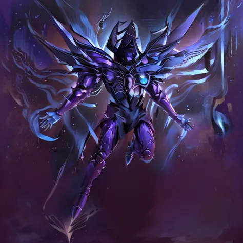 a close up of a robot with blue wings on a purple background, this character has cryokinesis, mecha wings, pterodactyl mecha, humanoid form, crow in cyber armour, guyver style, vitruvian mecha, greek god in mecha style, yugioh art style, ice crystal armor,...