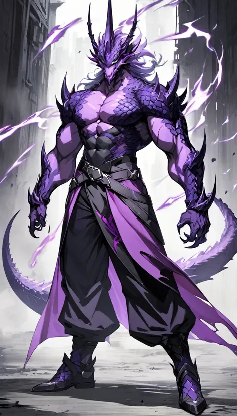 Solo male、Naga、Purple scales all over the body、Muscular dragon head、hands claw、fusion of dragon amd serpentin 、BREAK、White Aura、Full body view、(absurdres),masterpiece,