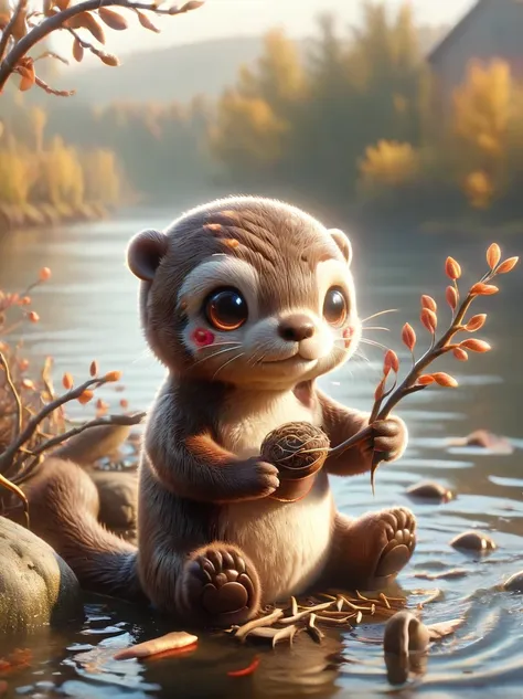 an otter hunting by the river, made of branches, (solo), ral-smlintpls, wral－mittenforst