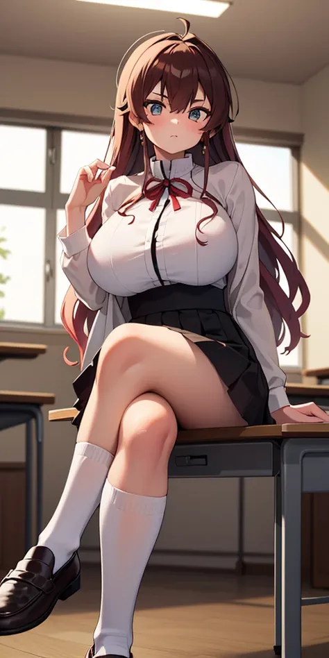 (masterpiece, best quality, ultra detailed, absurdness)1.5, 1girl Eris Boreas Greyrat (sexy, beautiful woman, perfect face, perfect eyes, perfect female body, huge breasts)1.5 (Japanese , skirt, brown shoes, long white socks, [knee socks thigh] loafers, lo...