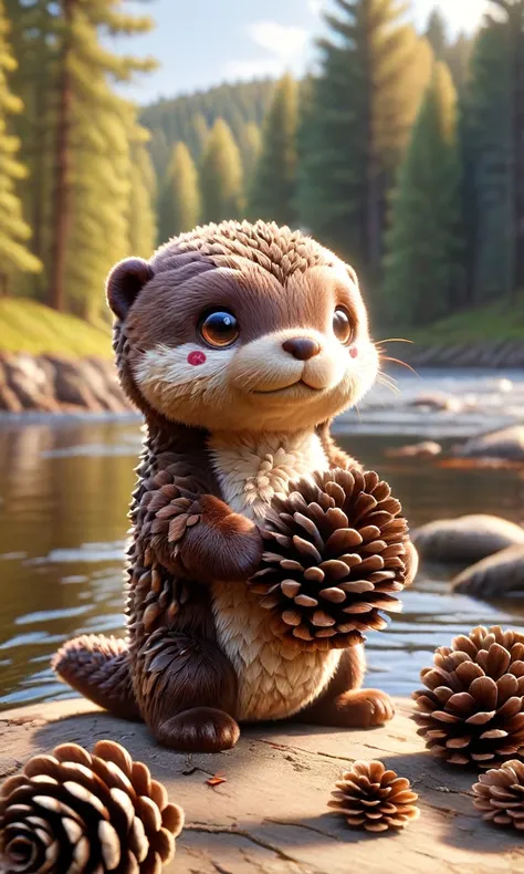 an otter hunting by the river, made from pine cones, (solo), ral-smlintpls, wral－mittenforst