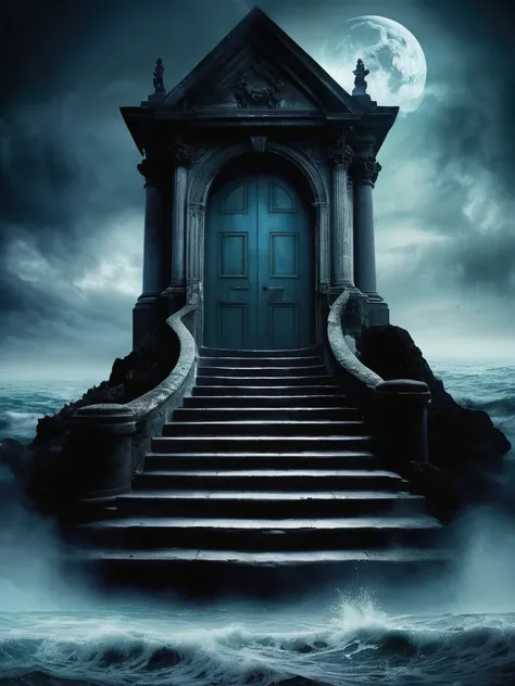 Stairs, door, darkness, ocean, mystery, dense fog,

Fantasy style. Fantasy dreamlike art. Mystical.

Surreal Harmony, Illusionix

