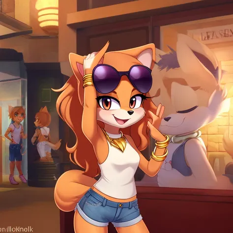 best quality,best resolution,(fluffy anthro furry :1.6),(young :1.6),fox girl,red long hair,wavy hair,small breasts,orange fur,orange eyes,glistering eyes,sparkle eyes,denim shorts with gold chain,white sleeveless shirt with flower embroidery,heart collar,...