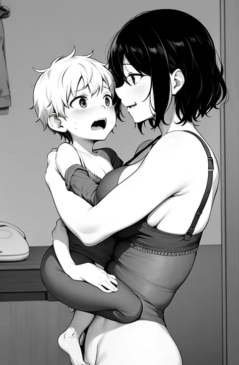 adult mother 50 years old, in one removed bra at home, has sex with his little son, son looks surprised, mother hugs her little son. son inserts penis into mother&#39;s crotch.