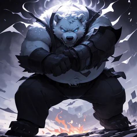 New Jersey 5 Furry，polar bear，Solitary，Chubby，Fat，Thick arms，Rugged muscles，White plush fur，Chubby脸，Black eyebrows，Sky blue eyes，（Beard），masterpiece,best quality,Extremely detailed face, Dynamic Angle, (dynamic fight pose), Motion trajectory, dream, , Popu...