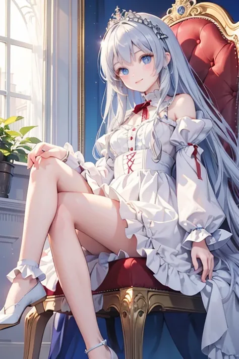 masterpiece, highest quality, High resolution, 15-year-old girl、blue eyes、
Silver Hair,  Vulgar smile、Long Hair、Crimson frill dress, Clothes with puffy shoulders、Long skirt covering the legs、Crown on the head、royal palace、Sitting on the throne、Crossing you...