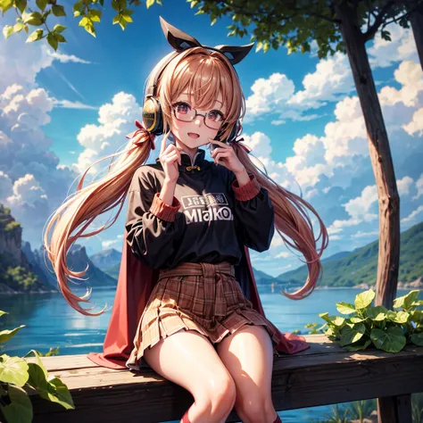 Pink gold golden hair、Golden Eyes、One good looking girl、Twin tails、solo、anime、Checkered mini skirt、The skirt has buttons、Red T-shirt、Long sleeve、China、Cape、Black knee-high socks、Wearing headphones、Wearing a ribbon、Ribbon on waist、Tilting face、Teeth are vis...