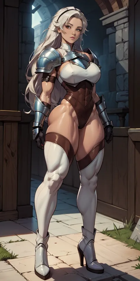 masterpiece, best quality, high quality, long hair, red eyes, full body, def_effie, blue breastplate, white skin, looking at viewer, shiny armor, thigh highs, high boots, shoulder armor, faulds, poleyn, gloves, gauntlets