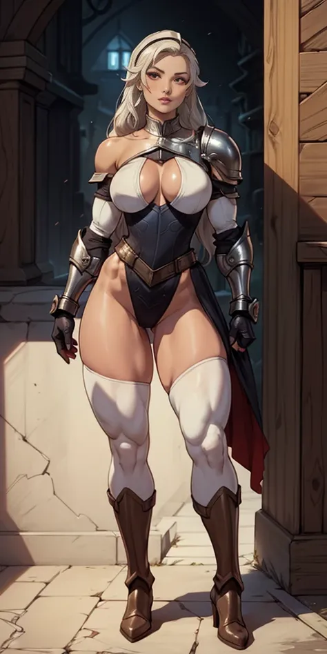 masterpiece, best quality, high quality, long hair, red eyes, full body, def_effie, blue breastplate, white skin, looking at viewer, shiny armor, thigh highs, high boots, shoulder armor, faulds, poleyn, gloves, gauntlets