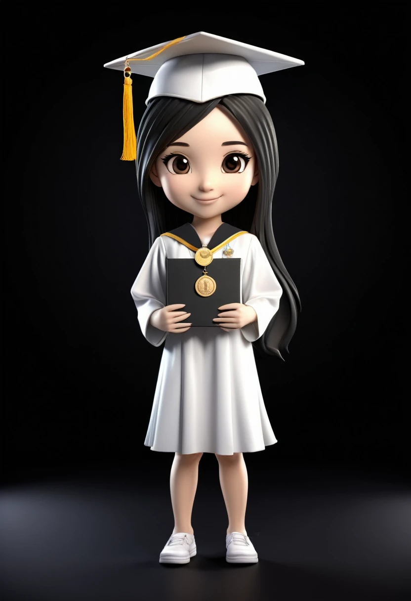 a   that graduate in a white dress with medal or ribbon , graduation white cap and holding a diploma in 3D or chibi anime black background