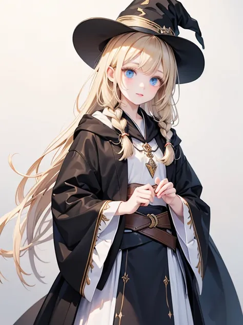 masterpiece, highest quality, Very detailed, 16k, Ultra-high resolution、Cowboy Shot, One 14-year-old girl, Detailed face, Perfect Fingers, blue eyes, Blonde, Braid, The figure of the wizard, Long pointed hat, Long black robe, Wizard&#39;s wand, Crystal bal...