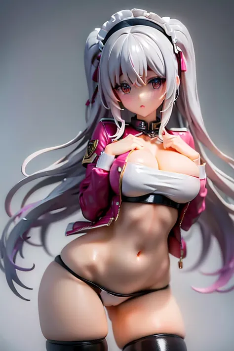 (((masterpiece))), highest quality, Very detailed, blush, Cute and playful, Huge, leather jacket, Silver Hair, Fluffy Hairstyles, Elastic breasts, Heartwarming Eyes, Sweet expression, belly button, Dynamic and cute pose.