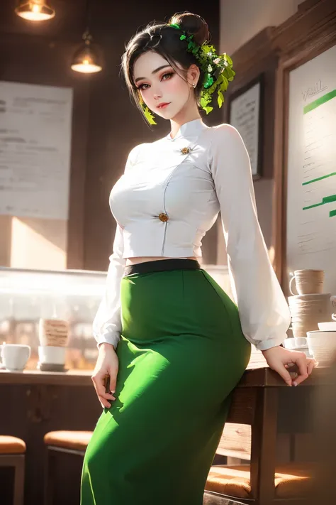 Portrait of a stunning young woman with a stylish hair bun, captivating gaze, and a warm atmosphere of a cozy coffee shop, realistic shading, fine details, exquisite lighting, digital painting, (wearing acmmsayarma outfit, acmmsayarma white top with button...