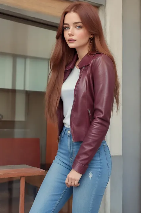 Editorial Photography 1990s style, a gorgeous serbian girl with long ginger hair, curvy figure, rounded hips and tich tights. Burgundy leather jacket, sweater, skinny denim pants and riding boots, she carries a leather backpack with her. The air is clear, ...