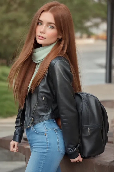 Editorial Photography 1990s style, a gorgeous croatian girl with long ginger hair. Black leather jacket, sweater, skinny denim pants, scarf and riding boots, she carries a leather backpack with her. The air is clear, calm and quiet ambient, detailed soft p...