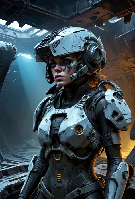 a stranded female cyborg soldier in an abandoned battle starship shipwreck, dystopian futuristic scene, realistic style in don l...