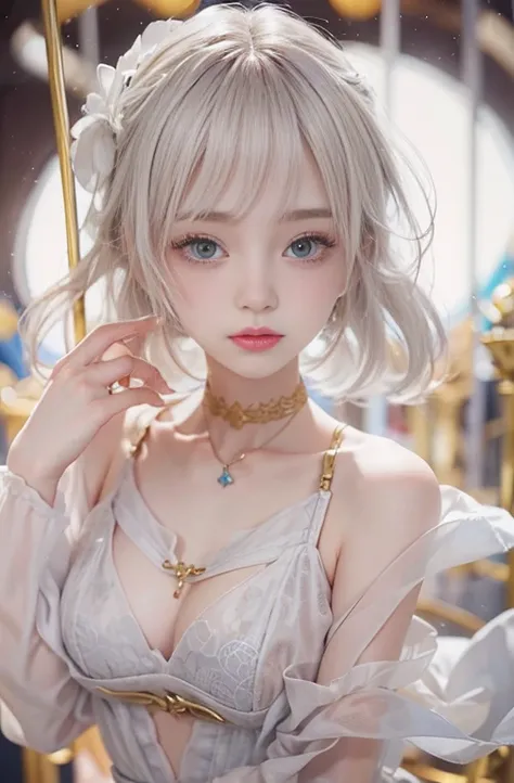 18-year-old, wide range lens, woman in Ancient Greek costume、woman enjoying merry-go-round in the night,Shoulder out、thin、Serious expression、Short-haired、Deadly position, Gorgeous Necklace, Light milky porcelain skin, Smooth, Translucent white skin, Enchan...