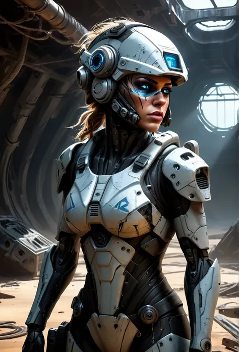 a stranded female cyborg soldier in an abandoned battle starship shipwreck, dystopian futuristic scene, realistic style in don l...