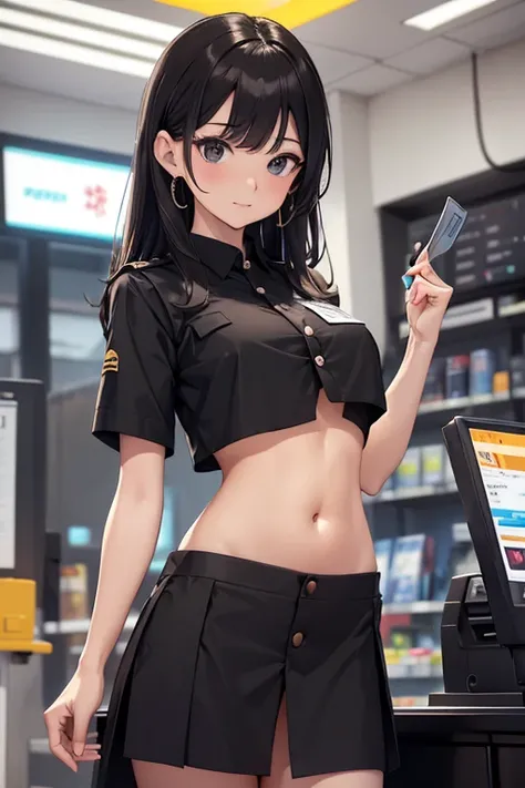 Cashier girl, (((crop top black button cashier uniform))), (name tag on the chest), showing navel,  convenience store, behind the cashier, beautiful belly, full body 