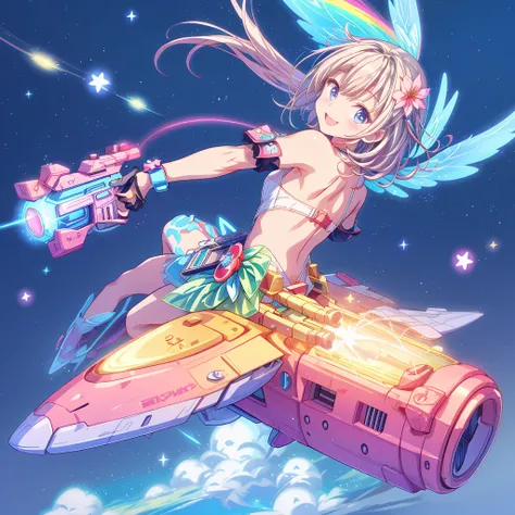 star fairy、cg game plane bsw riding on a flying vehicle、smiling at the audience、he has a laser gun on his back、kawaii tech,flowe...