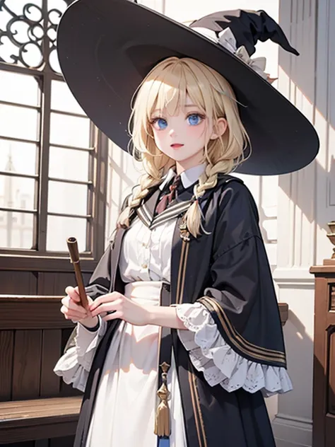 masterpiece, highest quality, Very detailed, 16k, Ultra-high resolution、Cowboy Shot, One 14-year-old girl, Detailed face, Perfect Fingers, blue eyes, Blonde, Braid, Pointed hat, Witch Robe,  Great Temple, Cathedral, Many believers, Stand in the center of t...