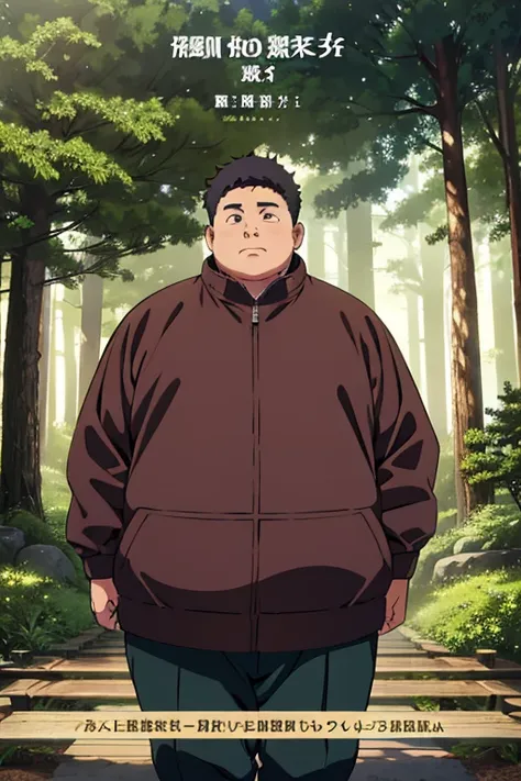 ((illustration)), (best quality)), ((masterpiece)), (detailed), image cover, hanajima_megumi, 1man, adult, obese, forest backgro...