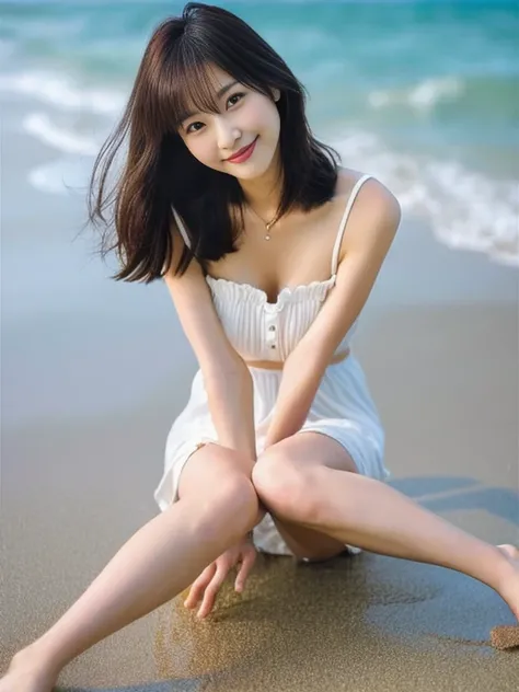 Photo-realistic quality、A fifty-something Japanese woman sitting cross-legged on the beach, Beautiful Asian Girl, Beautiful face with arms and legs,  Cute young woman, a Cute young woman, Japanese Girls, Cute seductive smile, Young and pretty girl, Beautif...