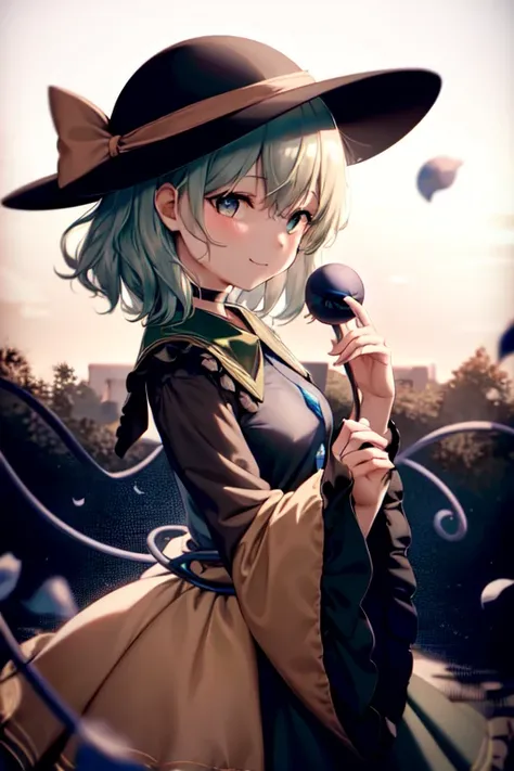 masterpiece, best quality, 1girl, solo, green eyes, komeiji koishi, hat, green hair, Nail Art, flower, blue flower, blue rose, rose, detached sleeves, short hair, bare shoulders, third eye, breasts, bow, smile, petals, dress, from side, medium breasts, loo...