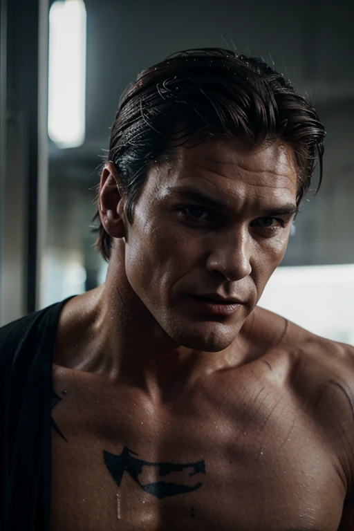 Slim, muscular, white male with joker like scar across only left cheek. Looks like Alain Delon plus Dolph Lundgren. Black, short hair, Male facing away from camera, wearing black shirt, upper body with many old scars, photography, realistic.