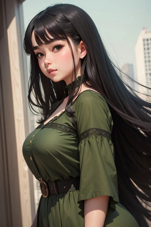 Masterpiece high quality high details realistic face ultra realistic face chubby face girl with slender curved fit figure and long dark black hair wearing sage green dress