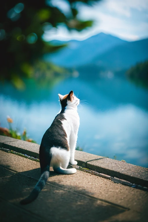 ultra detailed, a kitty, looking to the side, with a lake, realistic photo, from behind, tilt-shift lens, Dark_Blue