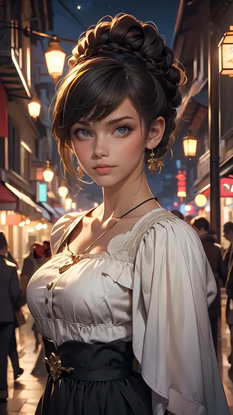 masterpiece, highest quality, Miranda, (Half Body Shot,Street lamp,moon),masterpiece, One girl, Solo Exhibitions, Beautiful woman on a busy street, Surrounded by peddlers, Beautiful Goddess Girl Portrait, Beautiful and elaborate face, Porcelain-like skin, ...