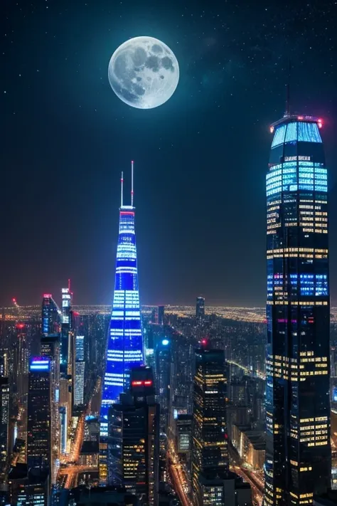 highest quality、Futuristic City、neon、Beautiful night view、colorful、Starry Sky、moon