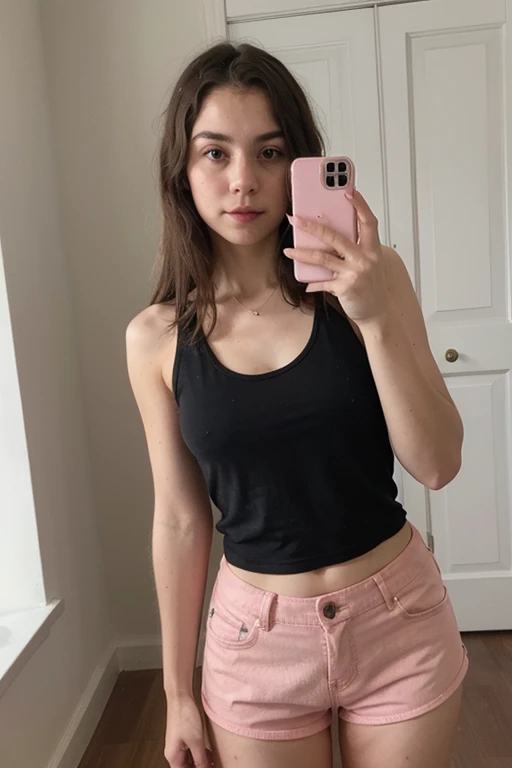 A front camera selfie of a girl in a Black tank top and pink shorts 