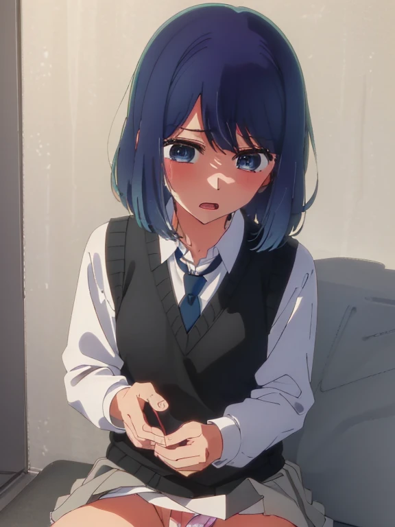 (( Masturbating by touching the vagina with your fingers)),Beautiful lighting, One Girl, solo, Akane, White shirt, (((skirt)))，Sweater vest, Black vest, Blue tie, ((Anime Style))、((2D))、Laughter、Open your mouth、Look forward，((Cotton panties with crotch))，(...