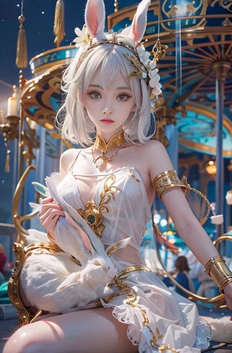 18-year-old, Wide-angle lens, Woman in ancient Greek costume、Woman enjoying merry-go-round at night,Shoulder out、thin、Serious expression、Short-haired、Deadly position, Gorgeous Necklace, Light milky porcelain skin, Smooth, Translucent white skin, Enchanting...