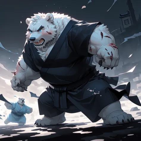 New Jersey 5 Furry，polar bear，Solitary，Chubby，Fat，Thick arms，Rugged muscles，White plush fur，Chubby脸，Black eyebrows，Sky blue eyes，（Beard），masterpiece,best quality,Extremely detailed face, Dynamic Angle, (dynamic fight pose), Japanese sword, (Samurai sword),...