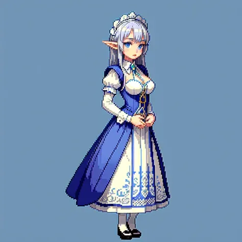 (masterpiece, top quality, best quality), pixel,pixel art,1girl,elf,silver hair,blue eyes,maid clothes,castle,full body