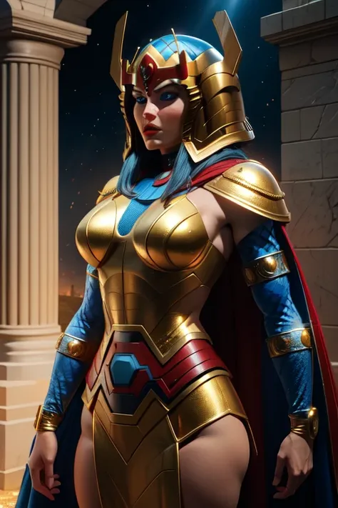 bigbarda, blue eyes, lips, 
blue and gold bodysuit, helmet,  red cape, 
solo,standing, upper body,   serious,  cowboy shot,  loo...